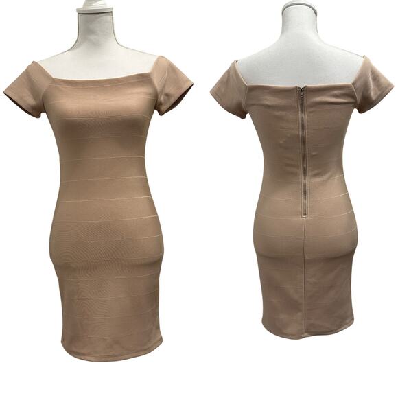 Forever 21 NWT Beige Off-Shoulder Knit Bodycon Bandage Mini Dress Going Out Club - Picture 1 of 9